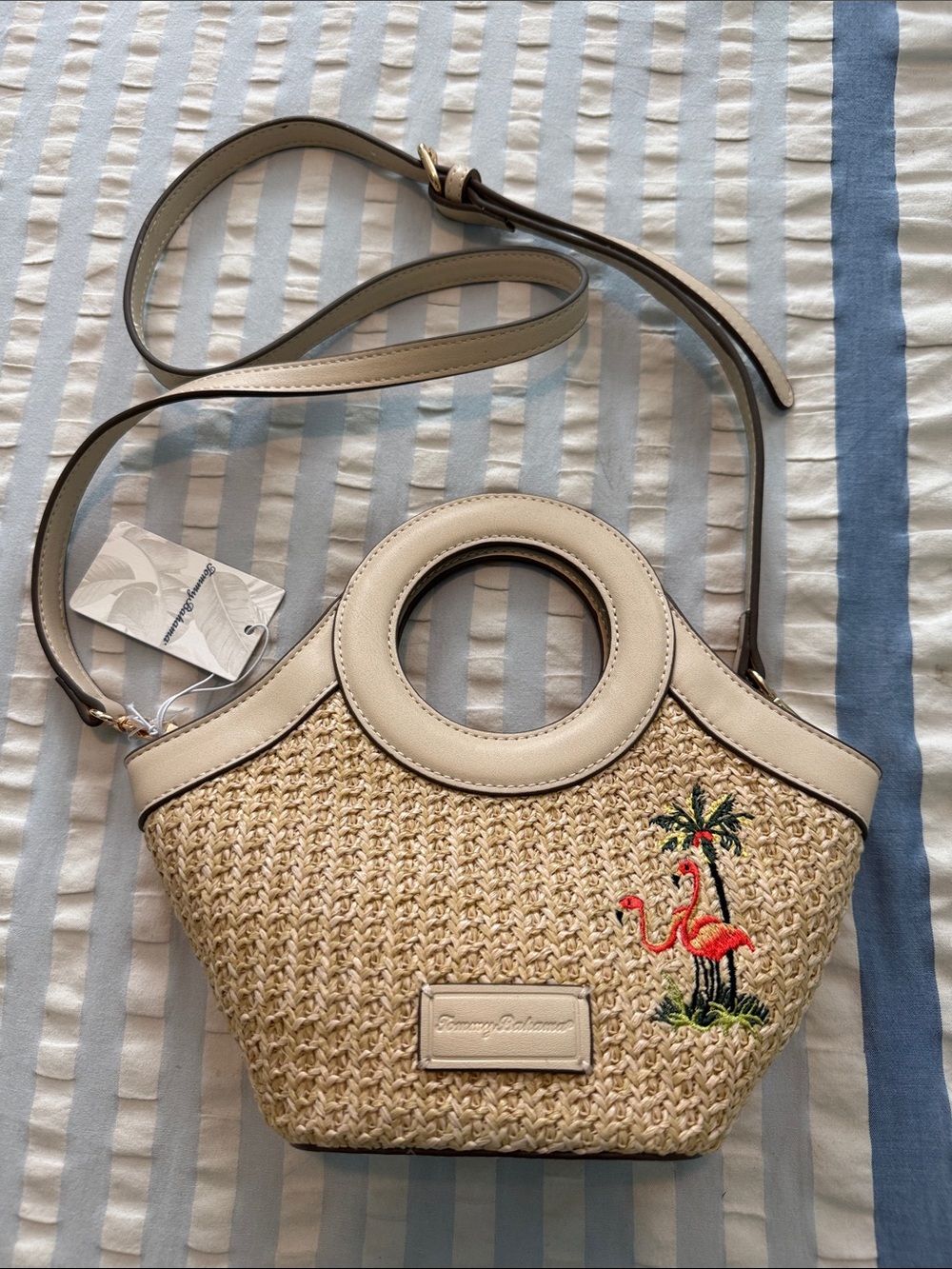 NWT Tommy Bahama Small
Straw Purse with Flamingo
Embroidery
